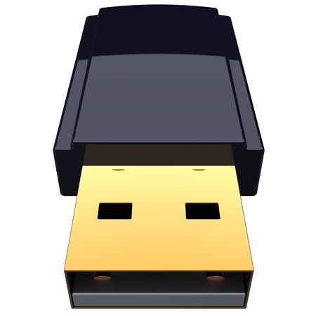 Black shiny USB Flash drive. The Front viewpoint. 3D render (Hi-Res). Isolated on whiteの写真素材