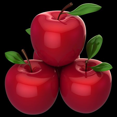 Red shiny delicious Apples with little leaves. This is a detailed 3D rendering. Isolated on black baclgroundの写真素材