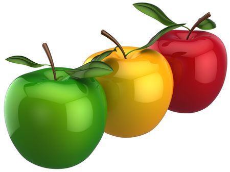 Fresh Apples in a row. Individuality concept. This is detailed 3D render (Hi-Res). Isolated on white backgroundの写真素材