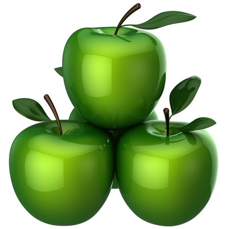 Sweet shiny ripened apples with little leaves. This is a detailed 3D rendering (Hi-Res). Isolated on white backgroundの写真素材