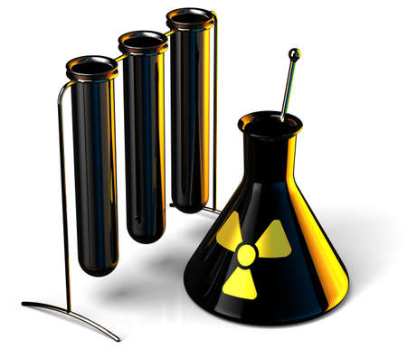 Black steel test tubes in Science Research Lab with Radioactive caution icon. 3D render. Isolated on white backgroundの写真素材