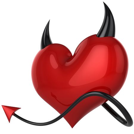 Devil heart. Fateful love. Lover concept. Red shiny heart shape with black horns and a tail. This is a detailed 3D rendering. Isolated on white backgroundの写真素材