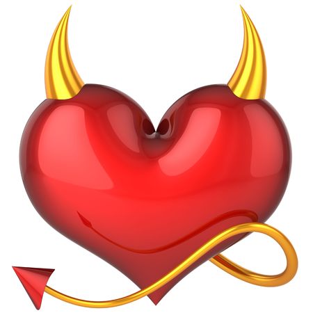 Devil heart. Fateful love. It is a sin. Red shiny heart shape with golden horns and a tail. 3D rendering. Isolated on white backgroundの写真素材