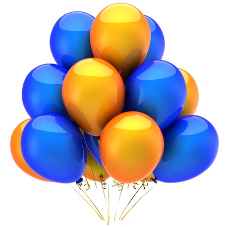Beautiful colorful balloons (orange and blue). Joyful concept. Positive emotions. This is a detailed 3D render. Isolated on white backgroundの写真素材