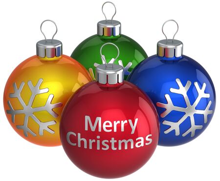 Xmas baubles. Merry Christmas text on red ball and three colorful (orange, green, blue) with silver snowflake shapes on themの写真素材