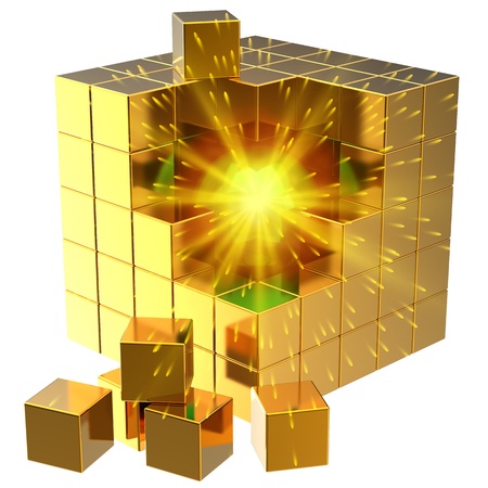 Data search. I have found it! Burning sphere inside golden abstract cube assembling from blocks. 3D renderの写真素材