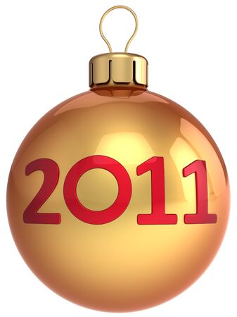 New Year shiny golden ball with 2011 red text on it. Beautiful Merry Christmas bauble.This is a detailed 3d renderの写真素材