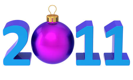 New 2011 Year date colored blue with classic purple christmas ball as zero number. 3D renderの写真素材