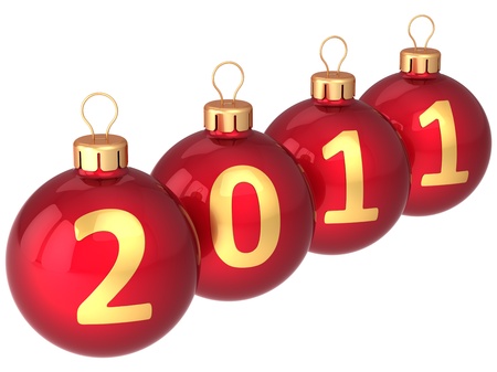 Red Christmas balls with golden 2011 date written on them. Modern Xmas decoration bauble. 3d renderの写真素材
