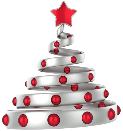 Silver Christmas tree decorated with red balls and shiny star. 3D renderingの写真素材