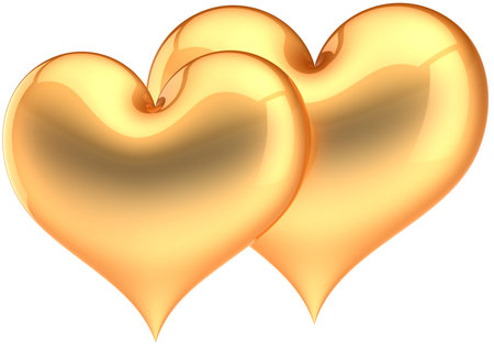 Golden Heart shapes couple. Glamour love symbol. Two luxury hearts. Saint Valentines day greeting card design element. This is a detailed three-dimensional render 3d. Isolated on white backgroundの写真素材