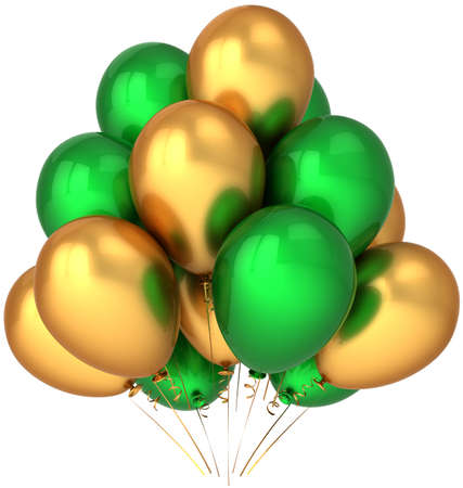 Party balloons colored golden and green. Joyful happiness concept. Beautiful life events decoration. This is a detailed render 3d cgi (Hi-Res). Isolated on white backgroundの写真素材