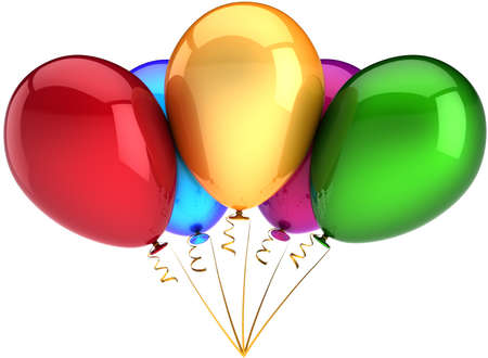 Party balloons five multicolor. Modern colorful celebration decoration. Birthday anniversary happiness abstract. This is a detailed three-dimensional render 3D (Hi-Res). Isolated on white backgroundの写真素材