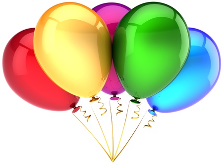 Party balloons five multicolor. Beautiful shiny decoration. Birthday funny happiness joyful abstract. This is a detailed three-dimensional render 3D (Hi-Res). Isolated on white backgroundの写真素材