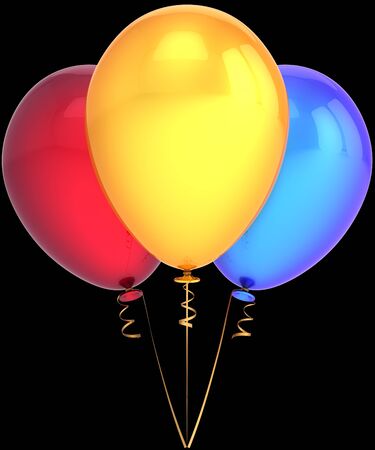 Party balloons shiny colorful red yellow blue. Beautiful modern decoration. Birthday happiness joyful abstract. This is a detailed three-dimensional render 3D (Hi-Res). Isolated on black backgroundの写真素材