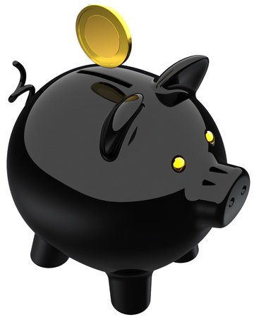 Piggy bank carbon black with a golden coin over it. Savings banking business concept. This is a detailed three-dimensional render 3d (Hi-Res). Isolated on white backgroundの写真素材