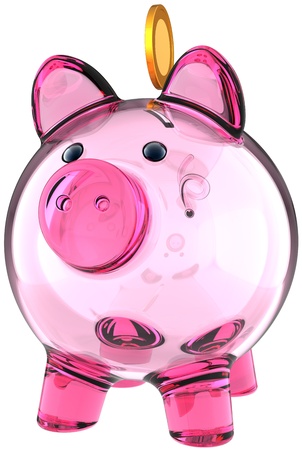 Piggy bank. Transparent glass money box colored pink with a golden coin over it. Business donate banking savings concept. This is a detailed three-dimensional render 3d. Isolated on white backgroundの写真素材