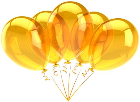 Party balloons five yellow orange translucent. Birthday holiday festival decoration. Joyful happiness funny emotion concept. Sunny summer abstract. Detailed 3d render. Isolated on white backgroundの写真素材