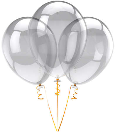 Party balloons three translucent white. Beautiful colorless birthday festival decoration. Joyful happiness holiday emotions concept. Detailed three-dimensional render 3d. Isolated on white backgroundの写真素材