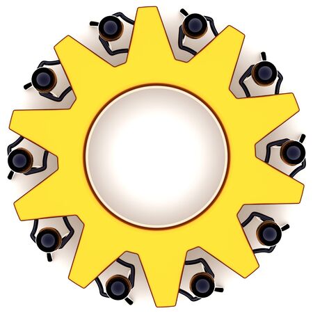 Teamwork satisfaction. Employ business efficiency progress result. Success of togetherness concept. Stylized black workers as dream team turning together an golden gear wheel. Detailed 3d renderの写真素材