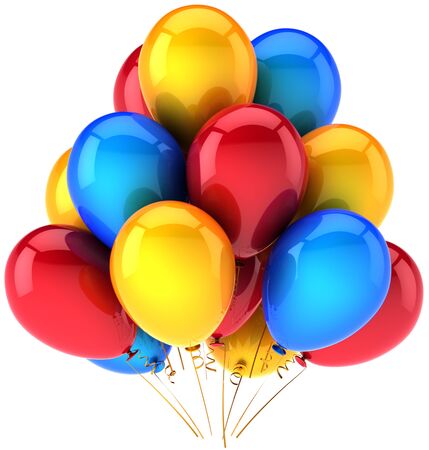 Party balloons colorful red cyan yellow. Shiny multicolor decoration for birthday holiday celebration. Joyful happiness fun abstract. This is a detailed render 3d. Isolated on white backgroundの写真素材