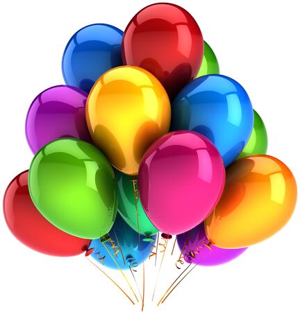 Party balloons multicolor shiny decoration. Holiday birthday celebration performance abstract. 3d render on white backgroundの写真素材