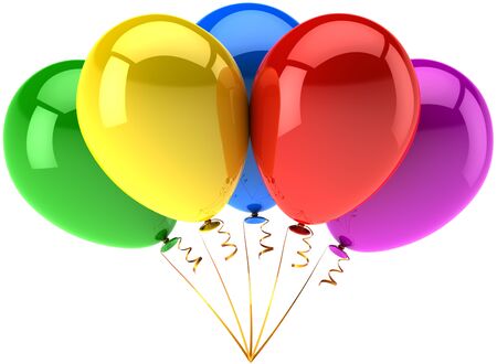 Party balloons five multicolor. Modern colorful holiday birthday celebrate decoration. Joyful happiness fun abstract. This is a detailed 3D render (Hi-Res). Isolated on white backgroundの写真素材