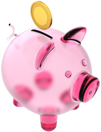 Piggy bank pink matte plastic translucent with golden coin over it. Money donate account payment savings concept. This is a detailed three-dimensional render 3d (Hi-Res). Isolated on white backgroundの写真素材