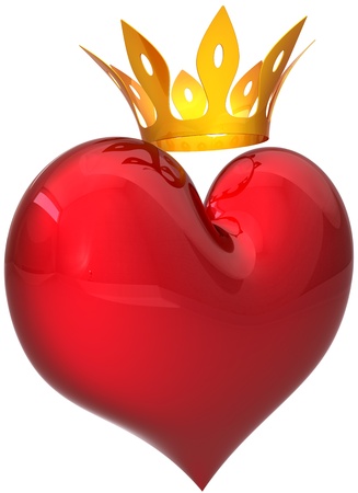 Royal heart with a golden crown. King valentine concept. This is a detailed three-dimensional rendering 3D (Hi-Res). Isolated on white background. Love will save the world!の写真素材