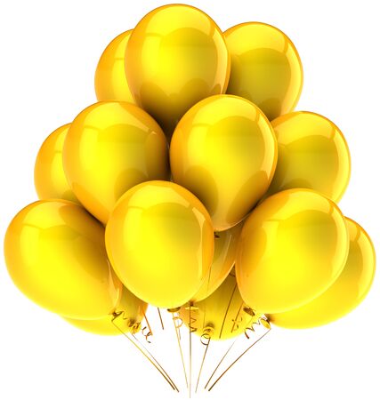 Party balloons colored yellow solar. Sunny holiday birthday celebrate decoration. Joyful happiness summer emotion abstract. This is a detailed three-dimensional 3D render. Isolated on white backgroundの写真素材
