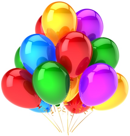Party balloons shiny colorful modern decoration. Positive happiness emotion abstract. Birthday anniversary celebration concept. High quality three-dimensional 3D render. Isolated on white backgroundの写真素材