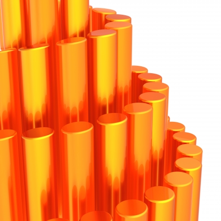 Abstract background with shiny orange cylinders arranged as spiral stairs. This is a detailed three-dimensional 3D render. Isolated on white backgroundの写真素材