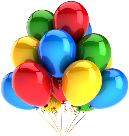 Party balloons multicolor modern birthday decoration classic. Happiness joyful emotion abstract. Holiday celebration concept. This is a detailed 3D render. Isolated on white backgroundの写真素材