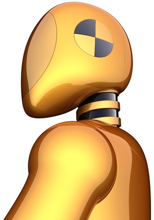 Robot crash test dummy golden. Experimental cyborg virtual astronaut concept. Communication with extraterrestrial intelligence abstract. This is a high quality 3D render. Isolated on white backgroundの写真素材