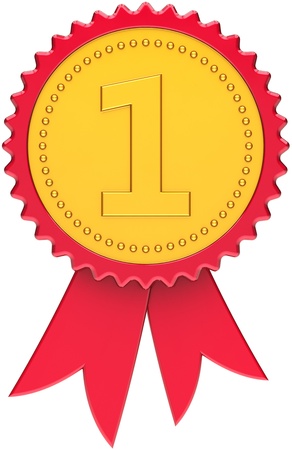 First place award golden with red border and ribbon. Winner 1st number one badge icon. This is a high quality CG three-dimensional render 3d. Isolated on white backgroundの写真素材