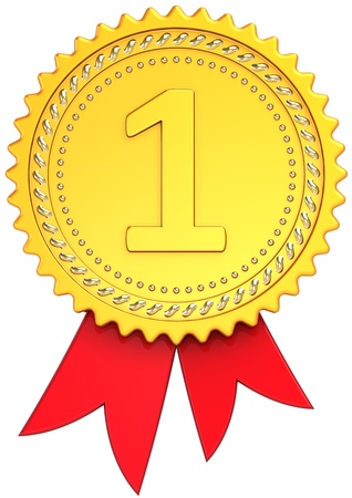 Award ribbon First place golden front view. Winner medal badge. Champion pride design element template classic. This is a high quality CG three-dimensional 3d render. Isolated on white background Award ribbon First place golden front view. Winner medal badge. Champion pride design element template classic. This is a high quality CG three-dimensional 3d render. Isolated on white background