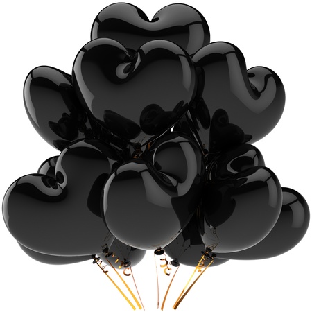 Party balloons black heart shaped beautiful exclusive birthday decoration. African glamour Love valentine concept. This is a high quality CG image 3D render. Isolated on white backgroundの写真素材