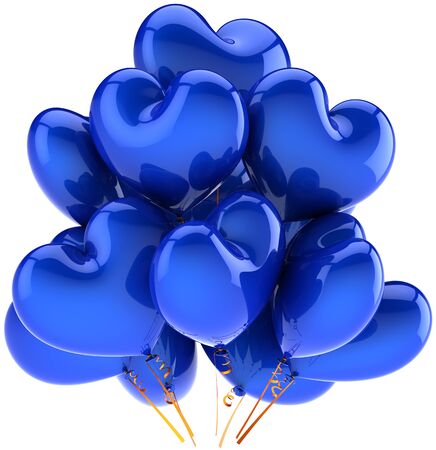 Balloons blue birthday party holiday heart shaped decoration. Joy happy fun abstract. Anniversary celebration greeting concept. Detailed CG image 3d render. Isolated on white backgroundの写真素材