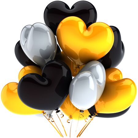 Party balloons heart shaped birthday holiday celebration decoration multicolor grey black yellow. Exclusive anniversary greeting card element. Detailed CG image 3D render. Isolated on white backgroundの写真素材