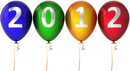 2012 Party balloons multicolor blue green orange red in a row with silver date. Happy New Year Merry Christmas decoration classic. This is a detailed CG image 3d render. Isolated on white backgroundの写真素材