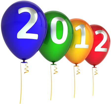 New 2012 Year party balloons multicolor blue green orange red with silver date. Happy Merry Christmas decoration classic. This is a detailed CG image 3d render. Isolated on white backgroundの写真素材