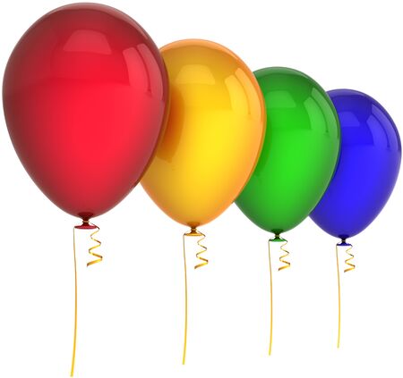 Balloons birthday party decoration four colors red yellow green blue. Happy joy abstract. Anniversary celebration greeting holiday concept. Detailed 3d render CG image. Isolated on white backgroundの写真素材