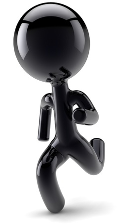 Running man single stylized shiny black person character sprinting concept. Marathon symbol abstract. Detailed 3d render. Isolated on white backgroundの写真素材