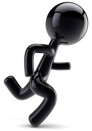 Running sport man stylized shiny black person character concept left facing. Marathon sprinting symbol abstract. Detailed 3d render. Isolated on white backgroundの写真素材