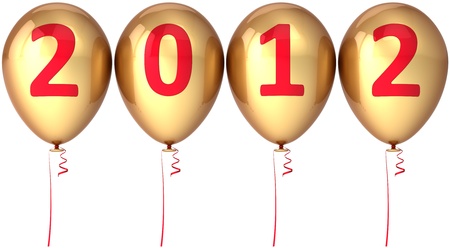 New 2012 Year party golden balloons luxury decoration classic in a row. Happy Merry Christmas greeting card design element. This is a detailed CG image 3d render. Isolated on white backgroundの写真素材