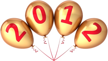 New Year 2012 party balloons decoration golden. Merry Christmas glamour greeting card design element concept. Happy fun joy abstract. This is a detailed 3d render. Isolated on white backgroundの写真素材