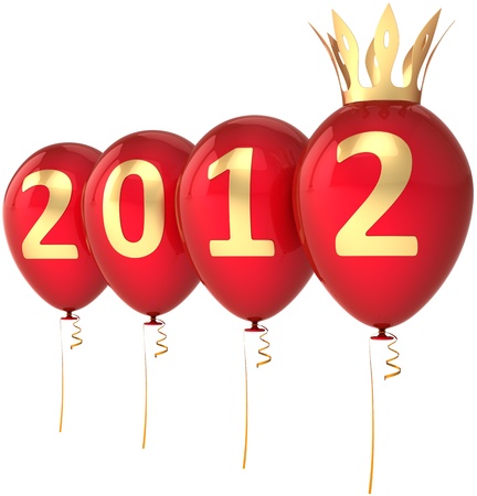 2012 New Year balloons party decoration with shiny golden crown. Merry Christmas Royal greeting card design element concept. This is a detailed 3d render. Isolated on white backgroundの写真素材