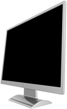 Computer monitor flat lcd colored silver grey metallic with blank black screen. Left facing. Detailed render 3d. Isolated on white backgroundの写真素材