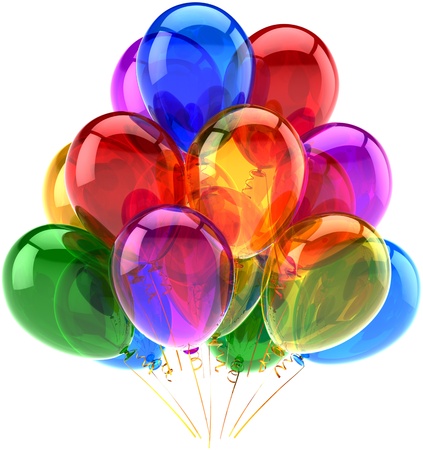 Balloons party happy birthday decoration multicolored translucent. Joy fun abstract. Holiday anniversary retirement celebration concept. Detailed 3d render. Isolated on white background Balloons party happy birthday decoration multicolored translucent. Joy fun abstract. Holiday anniversary retirement celebration concept. Detailed 3d render. Isolated on white background