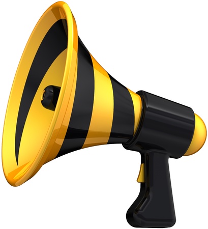 Megaphone attention news announcement symbol colored black yellow. Loudspeaker bullhorn message icon original design. Announcement notify concept. Detailed 3D render. Isolated on white backgroundの写真素材